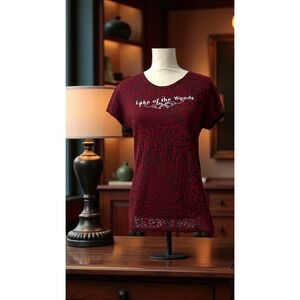 Lake of the Woods Burgundy Black Sheer Floral Lace Y2K‎ Burn Out T Shirt Top